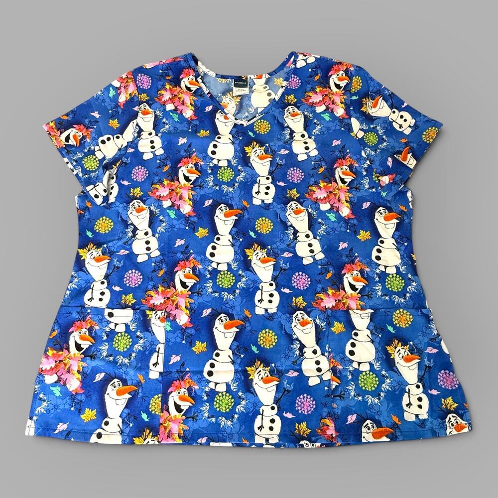 Disney Frozen 2 Olaf Flakes V-Neck Scrub Top Women 2XL Blue Stretch Short Sleeve
